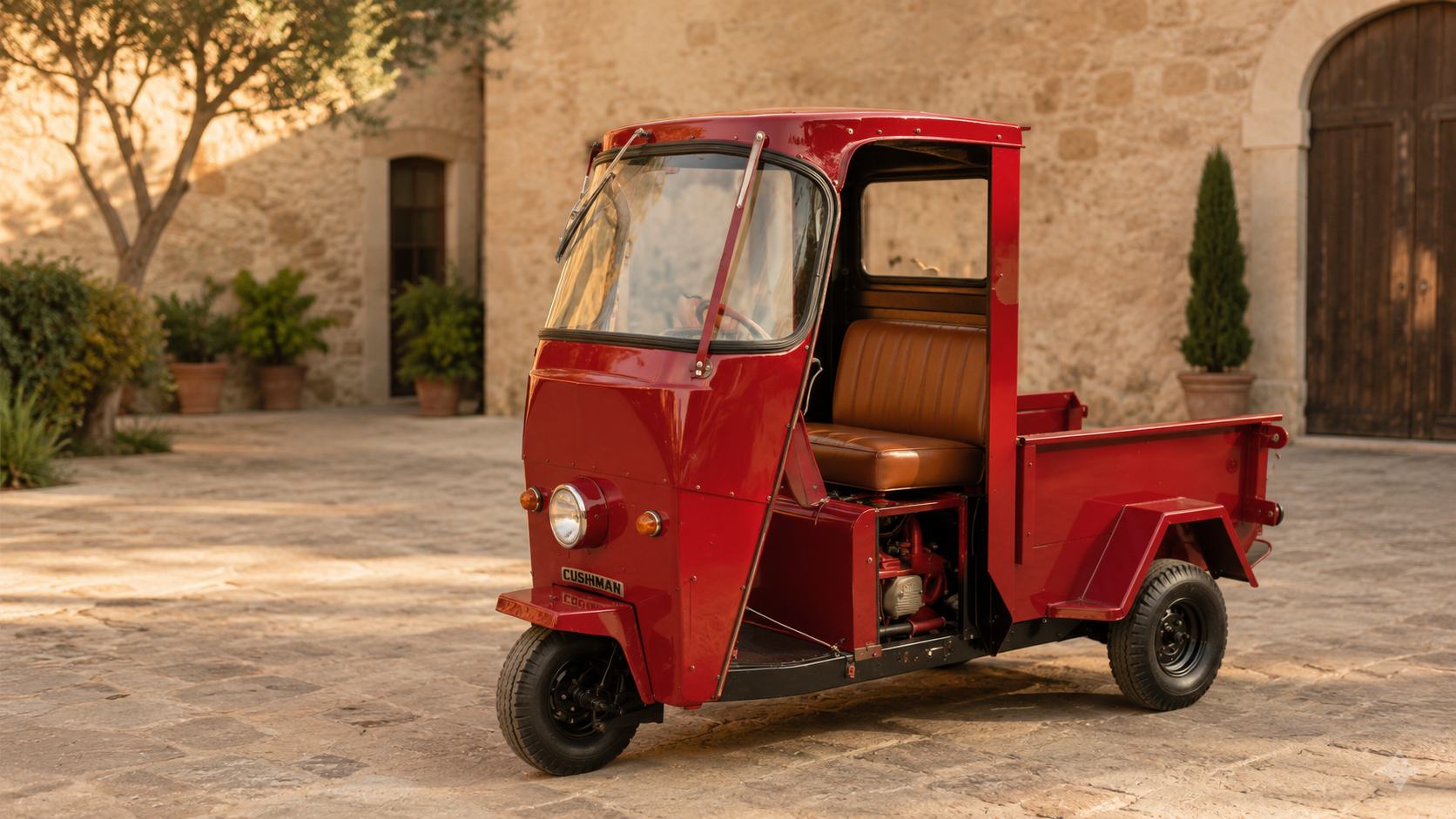 Restoration concept of our vintage Cushman in Red Rock with cognac leather seating in a warm stone courtyard