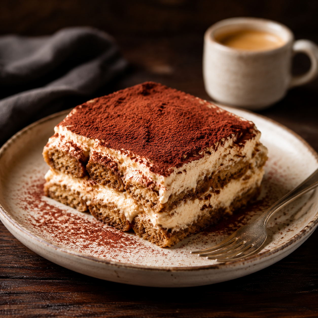 Illustrative tiramisu with cocoa-dusted mascarpone and espresso-soaked layers